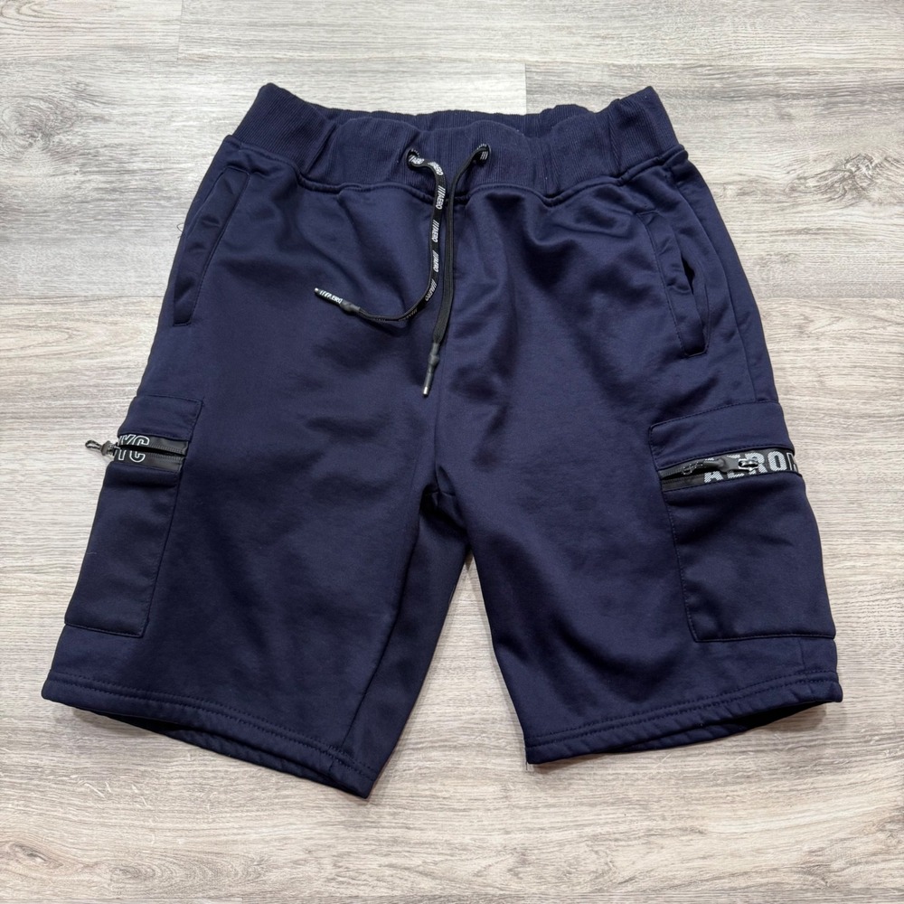 Aeropostale Boys Navy Blue Fleece Cargo Sweat Shorts Size Medium AERO NYC Zipper